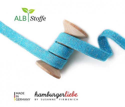 Bio Flachkordel - 2 cm - A16 türkis/silber Glitzer - Albstoffe - Hamburger Liebe